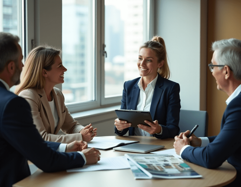 Agente de location immobilière en discussion avec un client dans un bureau moderne, avec un panneau "For Rent" en arrière-plan