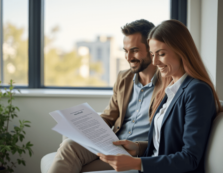Un couple souriant examine des documents immobiliers dans un bureau lumineux, symbolisant une transaction immobilière réussie.