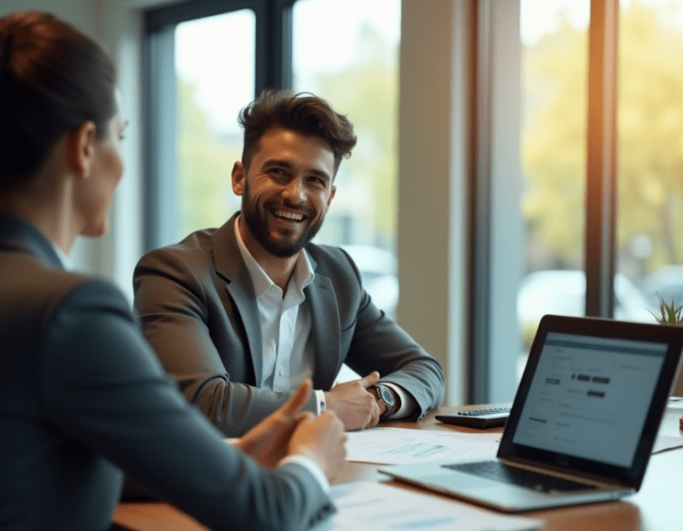 Un homme souriant en rendez-vous avec une courtière en crédit immobilier, discutant des meilleures options de financement autour de documents et d’un ordinateur portable.
