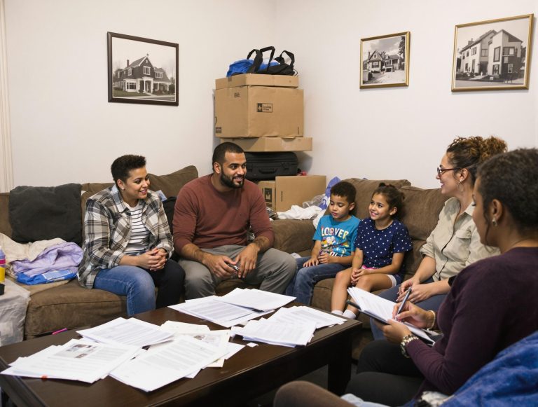 Famille souriante avec des documents, illustrant le concept de l'aide au logement.
