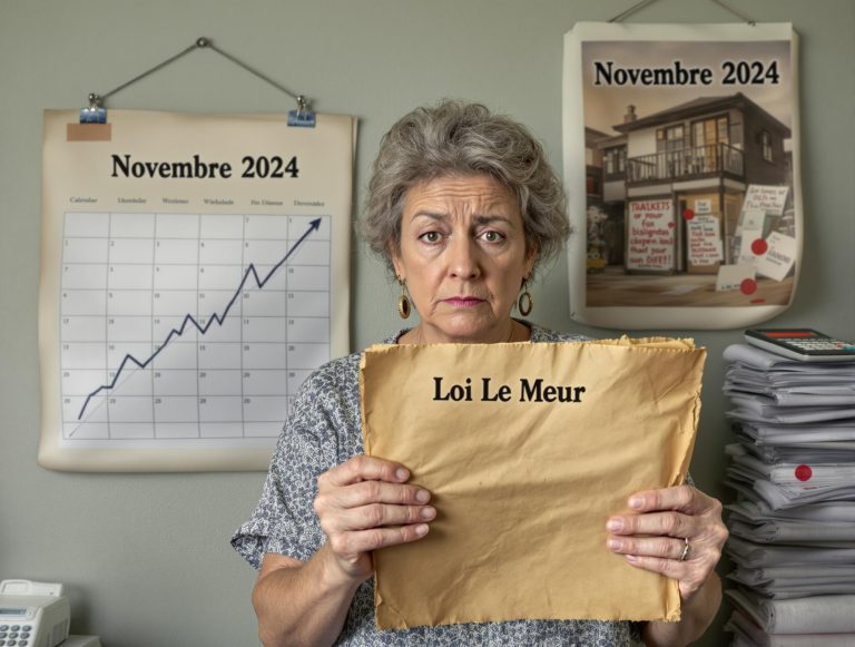 Propriétaire stressé avec document "Loi Le Meur" et calendrier novembre 2024, symbolisant l'augmentation des taxes sur les locations meublées de courte durée.