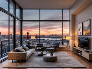 Un appartement moderne avec de grandes fenêtres offrant une vue sur la skyline de San Francisco, des meubles minimalistes et un balcon avec vue sur la ville au coucher du soleil.