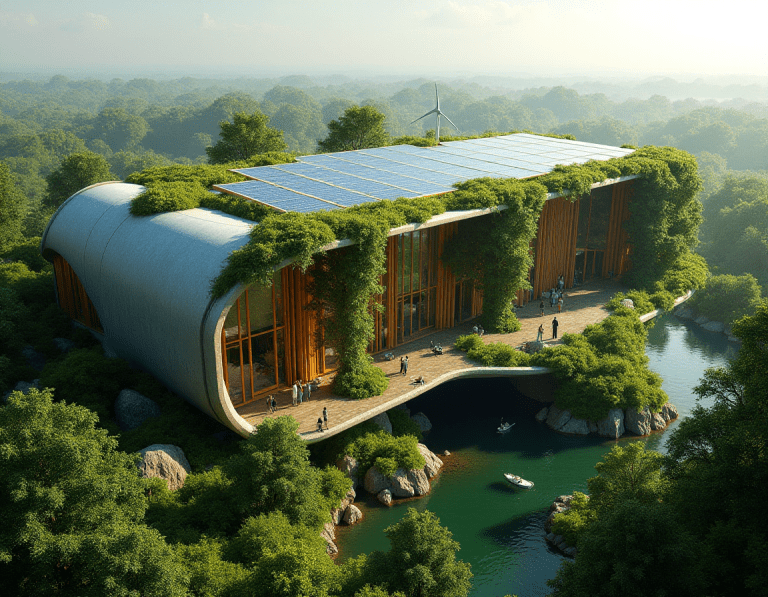 Bâtiment durable BAT ES avec toit végétalisé et panneaux solaires, situé en pleine nature, intégrant des énergies renouvelables et une architecture écologique.