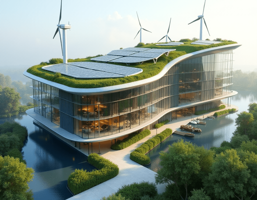 Bâtiment écologique BAT ES avec toit végétalisé, panneaux solaires et éoliennes, conçu pour une efficacité énergétique maximale en harmonie avec la nature.