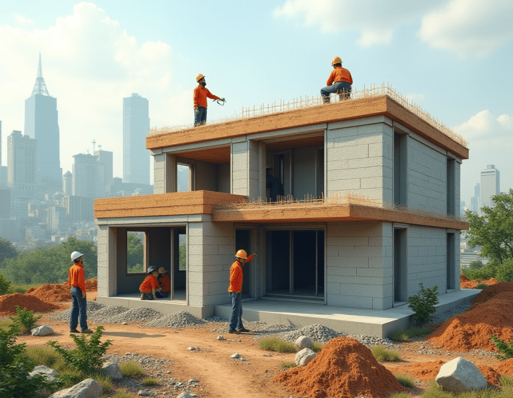 Construction d’un bâtiment BAT ES avec des matériaux écologiques, mettant en œuvre des techniques modernes pour une architecture durable et économe en énergie.