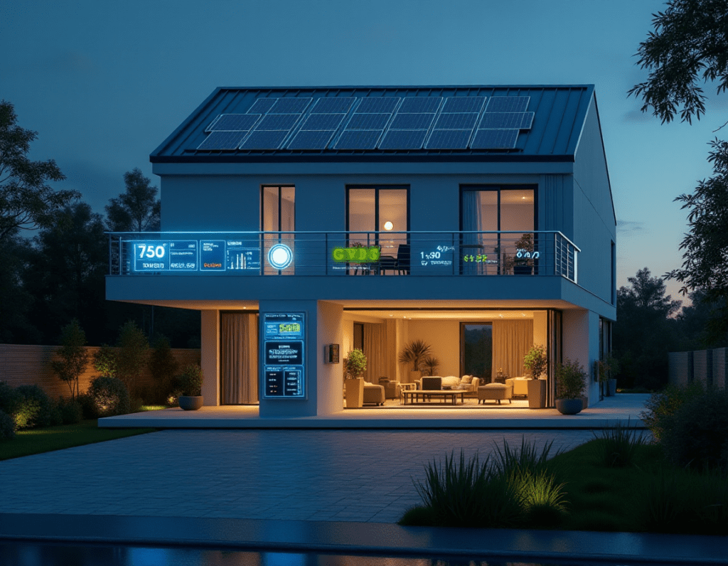 Maison intelligente BAT ES avec panneaux solaires et système domotique affichant des données énergétiques en temps réel, offrant une gestion optimisée de l'énergie.