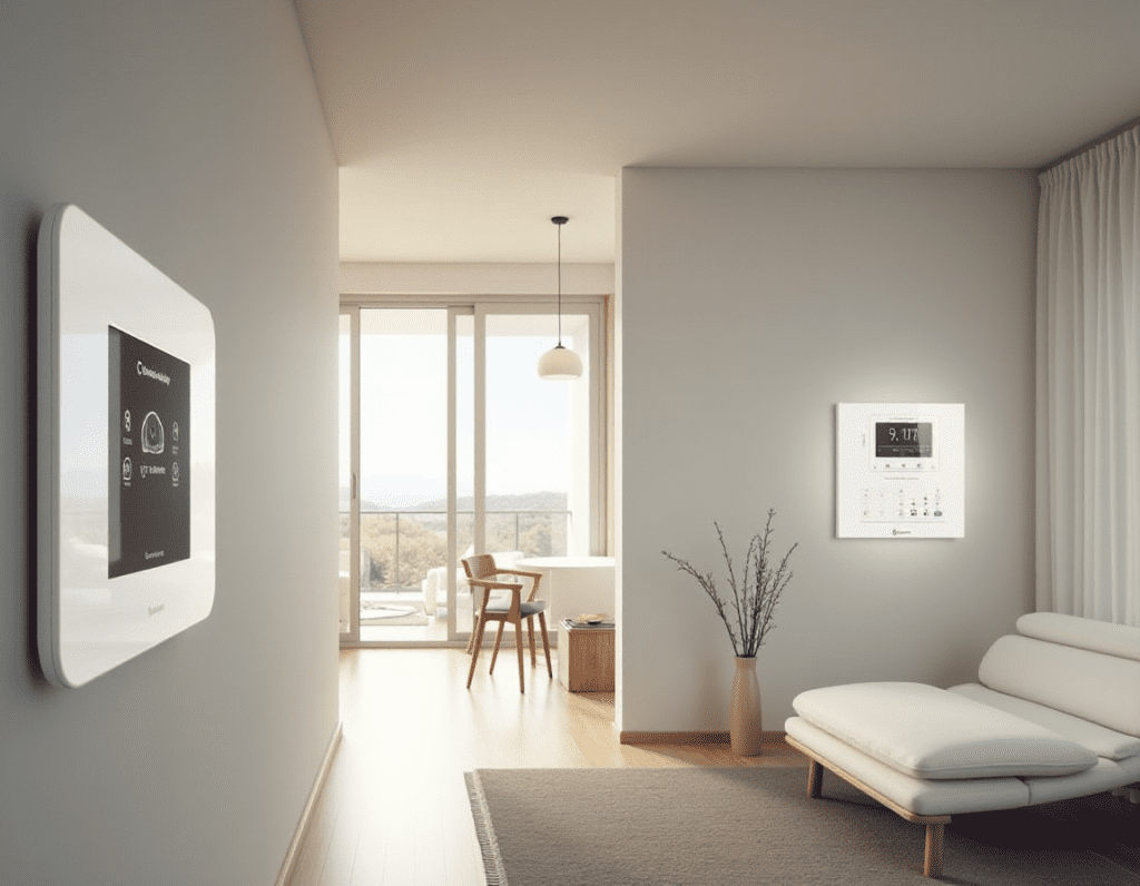 Intérieur d’une maison intelligente BAT ES équipée d’un système de gestion domotique pour optimiser la consommation énergétique et améliorer le confort des occupants.